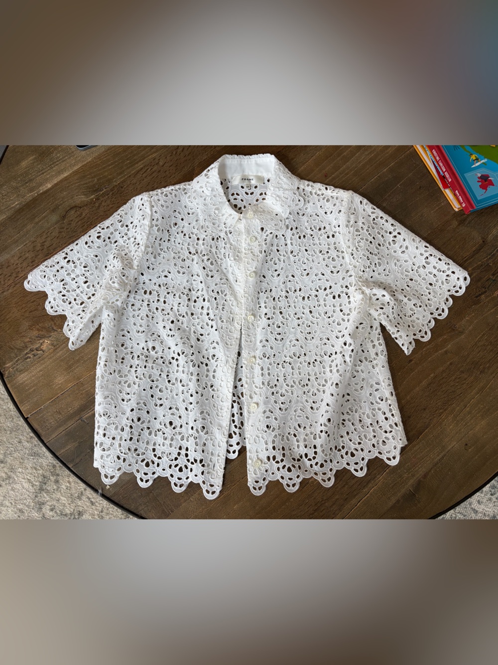 Frame Denim White Eyelet Button-Front Short Sleeve Top - Size Small